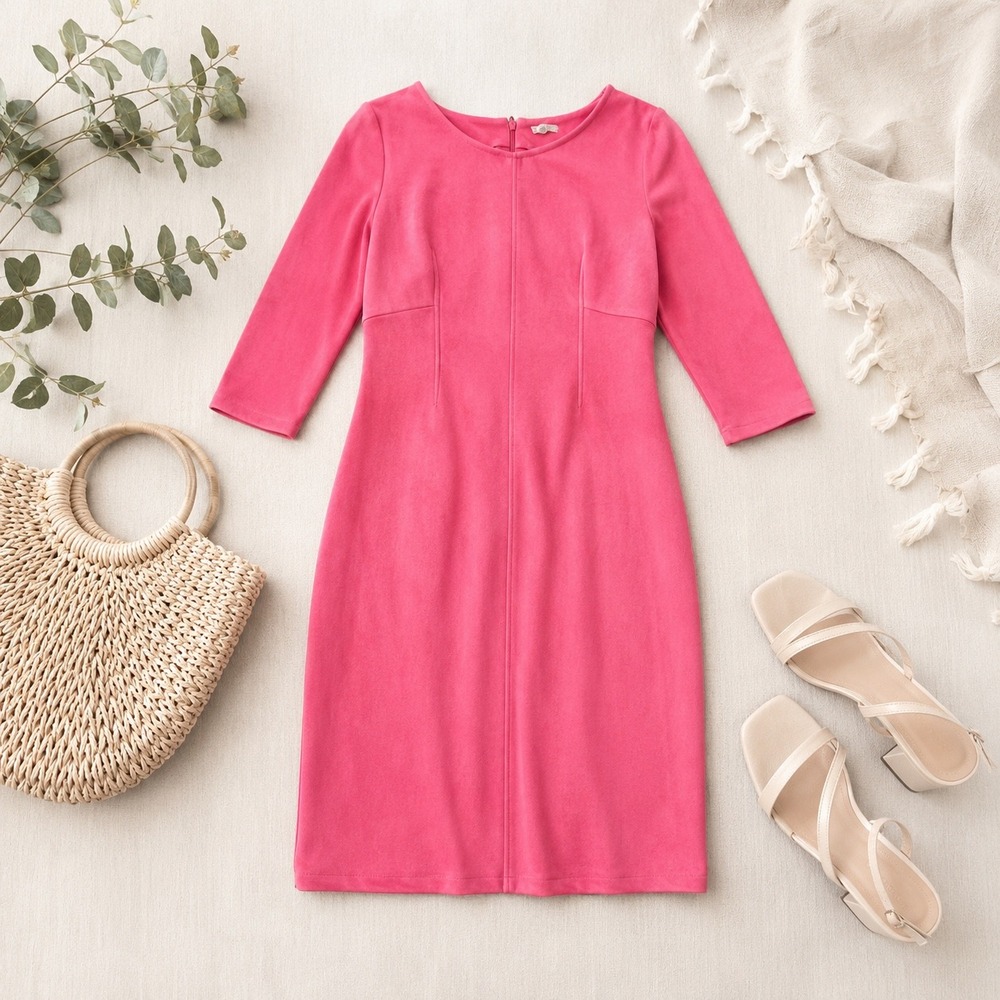 Boden Ottoman Sheath Dress Womens 8R Pink V-Neck 3/4 Sleeve Textured Workwear
